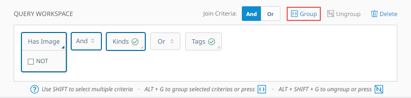 Query workspace section with the group criteria button highlighted.